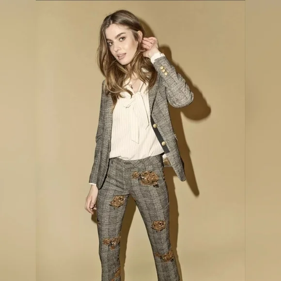 Mos Mosh Ivana shannon Checkered Pants Crop Dress Trousers Floral Appliqué 27 - Picture 1 of 12